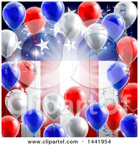 Clipart of a 3d Border of Red White and Blue Party Balloons and Streamers over a Patriotic American Themed Flag - Royalty Free Vector Illustration by AtStockIllustration