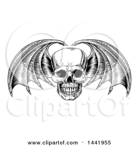Clipart of a Black and White Woodcut Etched or Engraved Bat or Dragon Winged Skull - Royalty Free Vector Illustration by AtStockIllustration