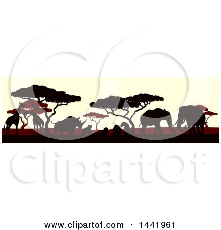 Clipart of Silhouetted African Animals and Trees at Sunset - Royalty Free Vector Illustration by AtStockIllustration