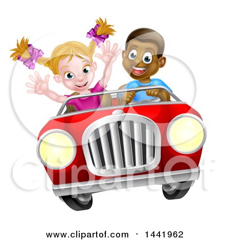Clipart of a Happy Black Boy Driving a Red Convertible Car and a White Girl Holding Her Arms up in the Passenger Seat As They Catch Air - Royalty Free Vector Illustration by AtStockIllustration