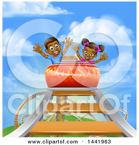 Clipart of a Happy Black Boy and Girl at the Top of a Roller Coaster Ride, Against a Blue Sky with Clouds - Royalty Free Vector Illustration by AtStockIllustration
