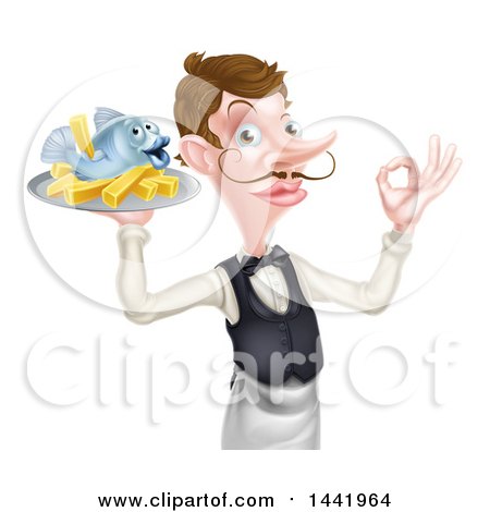 Clipart of a White Male Waiter or Butler with a Curling Mustache, Holding Fish and a Chips on a Tray and Gesturing Ok - Royalty Free Vector Illustration by AtStockIllustration