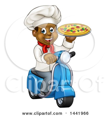 Clipart of a Cartoon Happy Black Male Chef Holding a Pizza and Riding a Scooter - Royalty Free Vector Illustration by AtStockIllustration