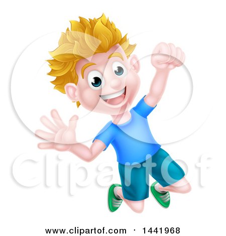 Clipart of a Cartoon Happy Excited Blond Caucasian Boy Jumping - Royalty Free Vector Illustration by AtStockIllustration