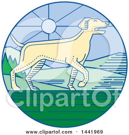 Clipart of a Mono Line Styled Pointer Dog in a Landscape Circle - Royalty Free Vector Illustration by patrimonio