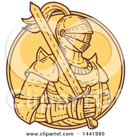 Clipart of a Mono Line Styled Male Knight in Armor, Holding a Sword Inside a Circle - Royalty Free Vector Illustration by patrimonio
