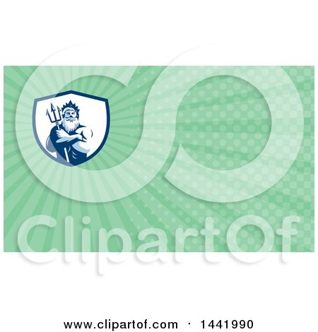 Clipart of a Retro Man, Triton Mythological God, Holding a Trident in Folded Arms Inside a White and Blue Shield and Green Rays Background or Business Card Design - Royalty Free Illustration by patrimonio