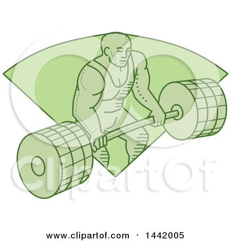 Clipart of a Mono Line Styled Green Male Bodybuilder Lifting a Heavy Barbell - Royalty Free Vector Illustration by patrimonio