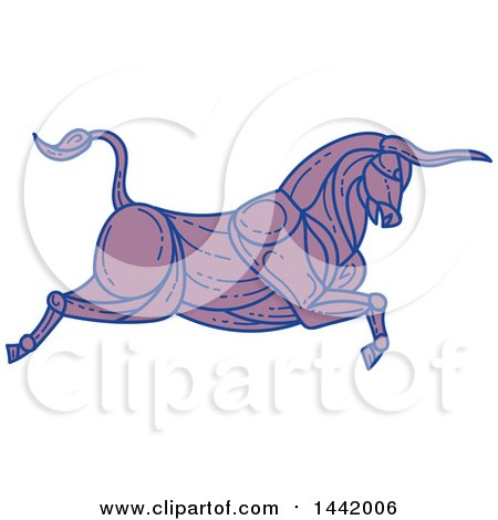 Clipart of a Mono Line Styled Purple Charging Texas Longhorn Bull - Royalty Free Vector Illustration by patrimonio