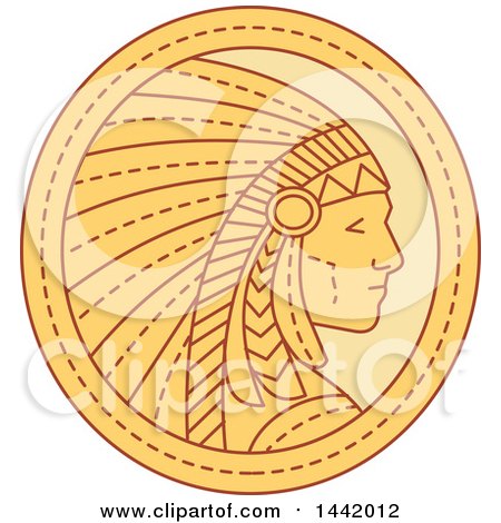 Clipart of a Mono Line Styled Native American Indian Chief Wearing a Feather Headdress in a Circle - Royalty Free Vector Illustration by patrimonio