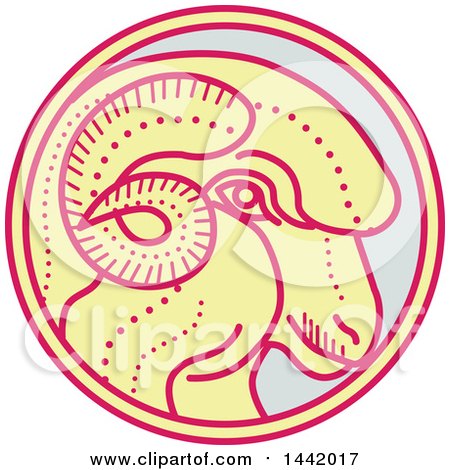 Clipart of a Mono Line Styled Merino Ram Sheep Head in a Circle - Royalty Free Vector Illustration by patrimonio