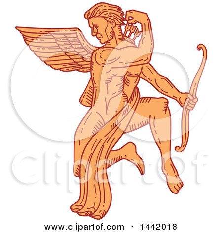 Clipart of a Mono Line Styled Orange Kneeling Angel Cupid Grabbing an Arrow - Royalty Free Vector Illustration by patrimonio