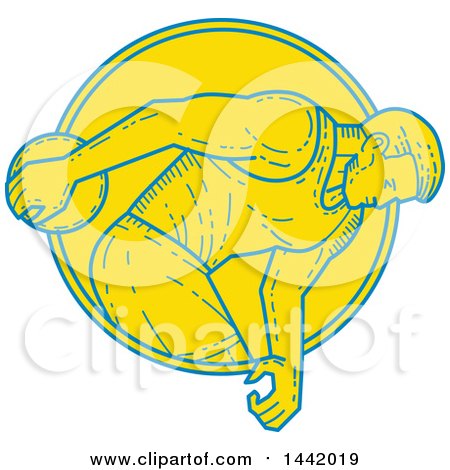 Clipart of a Mono Line Styled Blue and Yellow Male Discus Thrower Athlete in a Circle - Royalty Free Vector Illustration by patrimonio