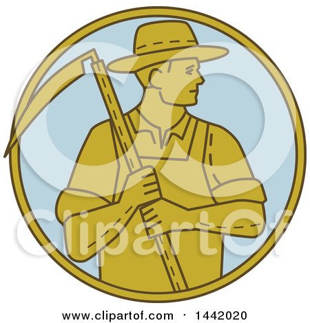 Clipart of a Mono Line Styled Farmer Holding a Scythe in a Circle - Royalty Free Vector Illustration by patrimonio