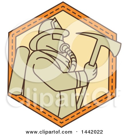 Clipart of a Mono Line Styled Fireman Holding an Axe - Royalty Free Vector Illustration by patrimonio