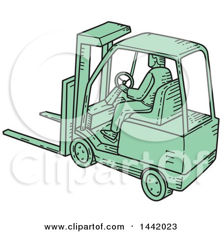 Clipart of a Mono Line Styled Green Forklift Driver and Machine - Royalty Free Vector Illustration by patrimonio