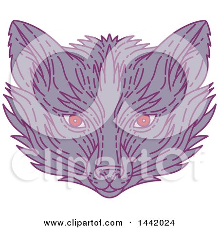 Clipart of a Mono Line Styled Purple Fox Face - Royalty Free Vector Illustration by patrimonio