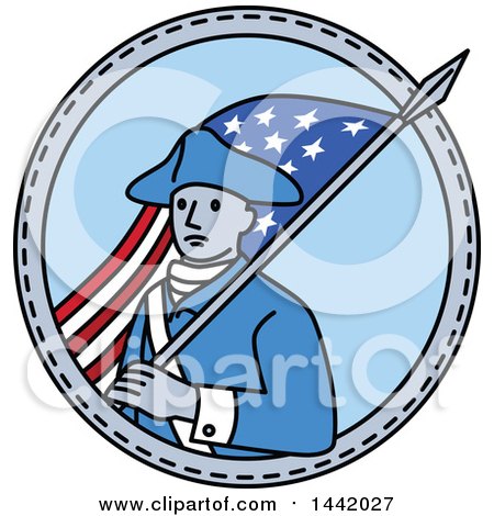 Clipart of a Mono Line Styled American Revolutionary Soldier with a Flag in a Circle - Royalty Free Vector Illustration by patrimonio