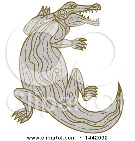 Clipart of a Mono Line Styled Angry Alligator or Crocodile - Royalty Free Vector Illustration by patrimonio