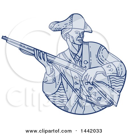 Clipart of a Mono Line Styled American Patriot Minuteman Soldier Holding a Rifle - Royalty Free Vector Illustration by patrimonio