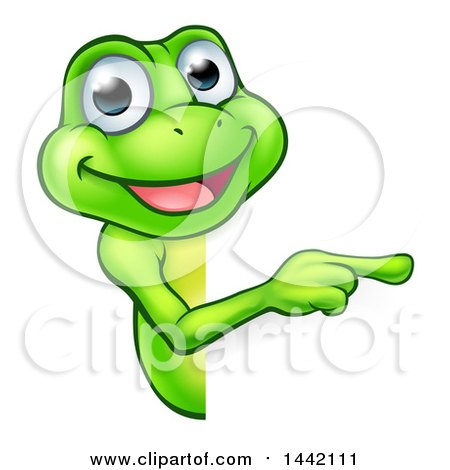 Clipart of a Cartoon Happy Green Frog Mascot Pointing Around a Sign - Royalty Free Vector Illustration by AtStockIllustration