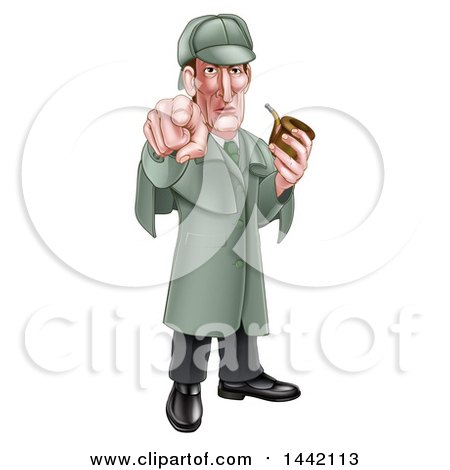 Clipart of a Cartoon Full Length Sherlock Holmes Victorian Detective Holding a Pipe and Pointing Outwards - Royalty Free Vector Illustration by AtStockIllustration