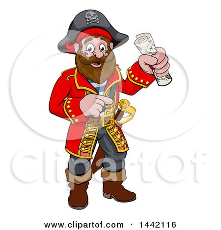 Clipart of a Cartoon Happy Male Pirate Captain Holding a Treasure Map and Pointing - Royalty Free Vector Illustration by AtStockIllustration