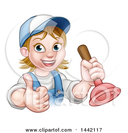 Clipart of a Cartoon Happy White Female Plumber Giving a Thumb up and Holding a Plunger - Royalty Free Vector Illustration by AtStockIllustration