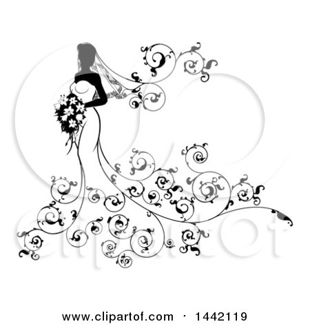 Clipart of a Silhouetted Black and White Bride in Her Dress, with Swirls - Royalty Free Vector Illustration by AtStockIllustration