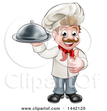 Clipart of a Cartoon Full Length Happy Young White Male Chef Holding a Cloche Platter and Giving a Thumb up - Royalty Free Vector Illustration by AtStockIllustration