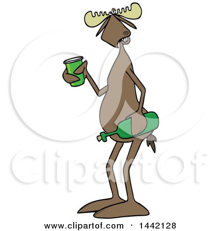 Clipart of a Cartoon Moose Holding a Wine Bottle and Cup - Royalty Free Vector Illustration by djart