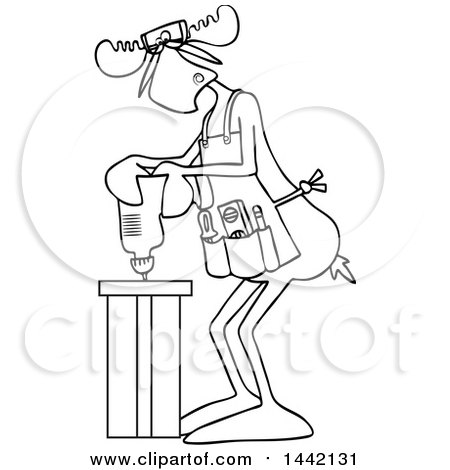 Clipart of a Cartoon Black and White Lineart Moose Operating a Power Drill in a Shop - Royalty Free Vector Illustration by djart