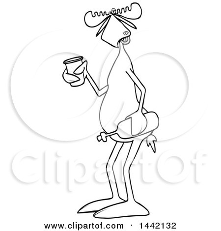 Clipart of a Cartoon Black and White Lineart Moose Holding a Wine Bottle and Cup - Royalty Free Vector Illustration by djart