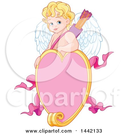 Clipart of a Valentines Day Cupid Eros over a Heart Frame - Royalty Free Vector Illustration by Pushkin
