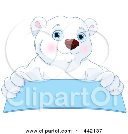 Clipart of a Cute Polar Bear over a Blue Banner Sign - Royalty Free Vector Illustration by Pushkin