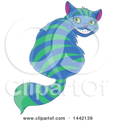 Clipart of a Grinning Striped Blue and Green Cheshire Cat Looking Back - Royalty Free Vector Illustration by Pushkin