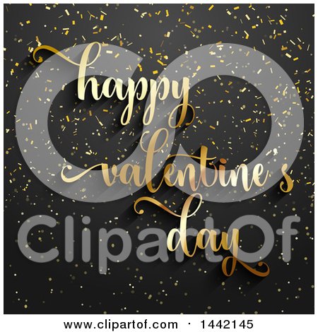 Clipart of a Golden Happy Valenteines Day Greeting over Black with Confetti - Royalty Free Vector Illustration by KJ Pargeter