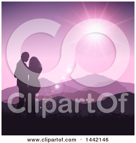 Clipart of a Silhouetted Valentines Day Couple Embracing Against a Purple Mountainous Sunset - Royalty Free Vector Illustration by KJ Pargeter