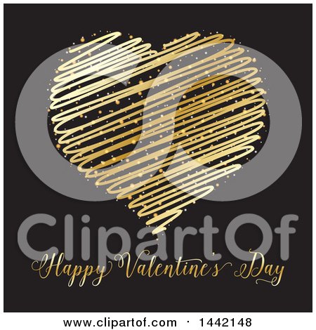 Clipart of a Gold Scribble Heart over Valentines Day Text on Black - Royalty Free Vector Illustration by KJ Pargeter