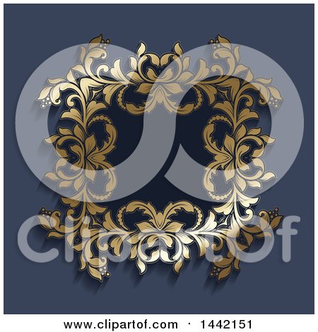 Clipart of a Vintage Ornate Golden Floral Frame on Blue - Royalty Free Vector Illustration by KJ Pargeter