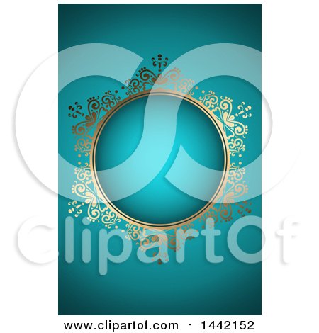 Clipart of a Golden Ornate Floral Frame on Turquoise or Teal - Royalty Free Vector Illustration by KJ Pargeter