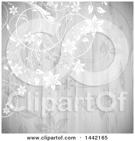 Clipart of a Grayscale Floral Vine and Wood Background - Royalty Free Vector Illustration by KJ Pargeter