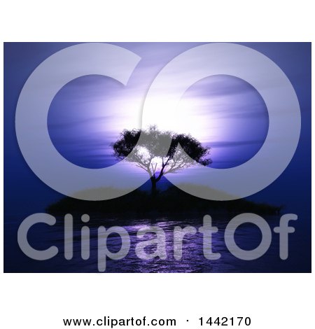 Clipart of a 3d Silhouetted Lone Tree on an Island Against a Purple Sunset - Royalty Free Illustration by KJ Pargeter