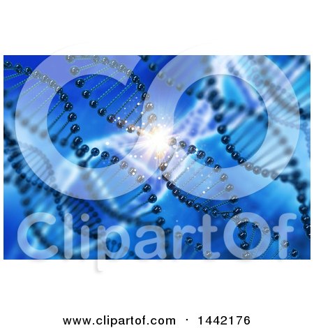 Clipart of a 3d Scientific Medical Background of Double Helix Dna Strands and a Glowing Light on Blue - Royalty Free Illustration by KJ Pargeter