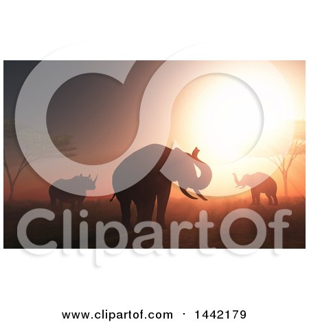 Clipart of a 3d Silhouetted Rhino and Elephants Against an African Sunset - Royalty Free Illustration by KJ Pargeter