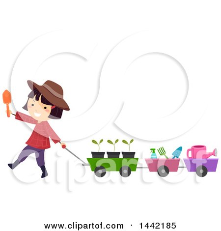 Clipart of a Girl Pulling a Wagon of Gardening Tools - Royalty Free Vector Illustration by BNP Design Studio