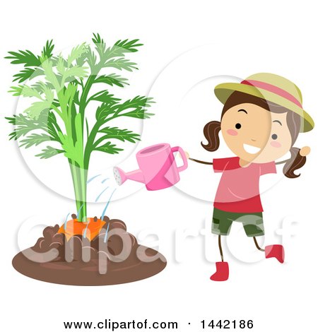 Clipart of a Brunette Caucasian Girl Watering or Fertilizing a Giant Carrot - Royalty Free Vector Illustration by BNP Design Studio