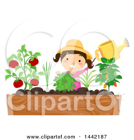 Clipart of a Brunette Caucasian Girl Watering Her Plants in a Raised Garden - Royalty Free Vector Illustration by BNP Design Studio