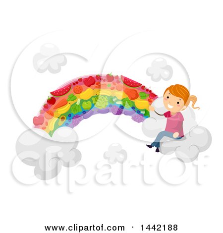 Clipart of a Red Haired Caucasian Girl Sitting on a Vegetable Rainbow Cloud - Royalty Free Vector Illustration by BNP Design Studio