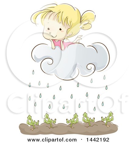 Clipart of a Sketched Blond Caucasian Girl on a Rain Cloud over a Garden - Royalty Free Vector Illustration by BNP Design Studio